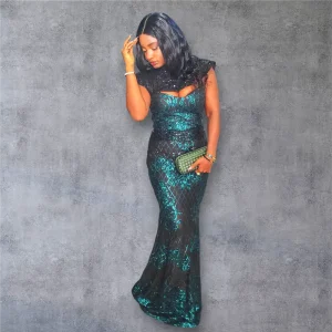 Ada African Woman Luxe Sequin and Beaded Lace Long Dress for Weddings/Special occasions/Prom