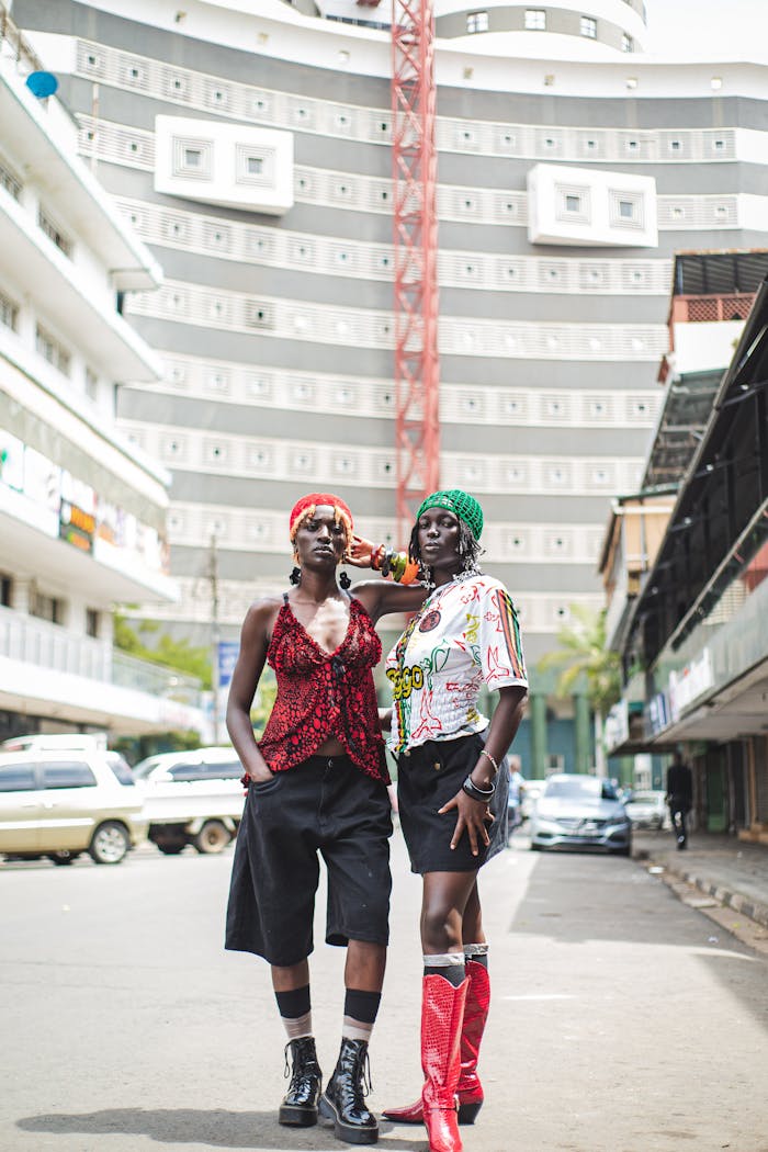 digital Two stylish individuals showcasing vibrant street fashion in Nairobi, Kenya urban landscape.